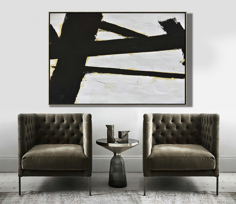 Original Modern Art,Large Wall Art Handmade,Horizontal Palette Knife Minimal Canvas Art Painting Black White Beige - Abstract Artwork Online